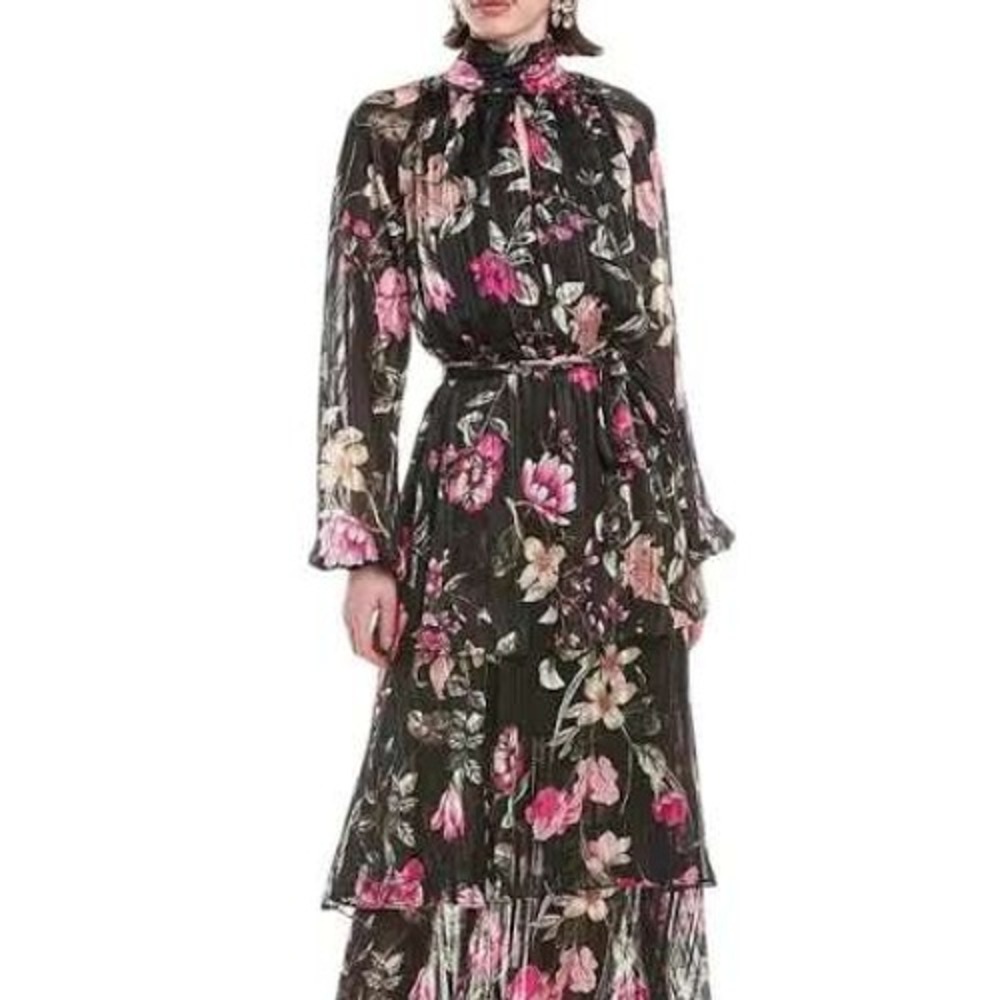 Rachel Roy Women Maxi Dress 12 Black Floral Tiered High Neck Metallic Belted